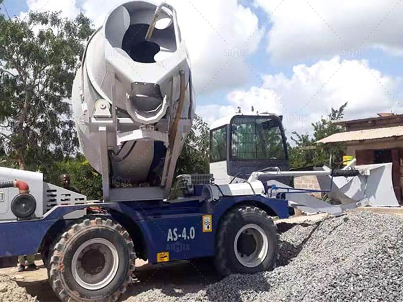 self-loading concrete mixer producing concrete